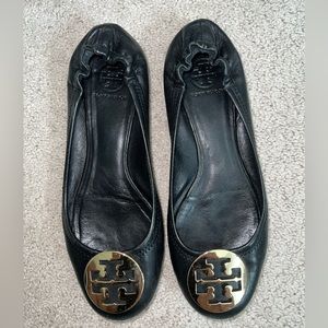 Tory Burch leather ballet flats- black with gold logo. Size 9